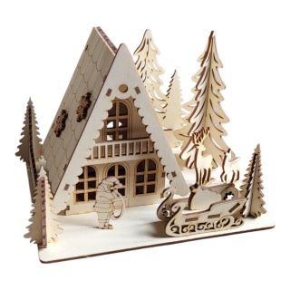 Drewniana dekoracyjna scena bożonarodzeniowa – Domek z Mikołajem i reniferami