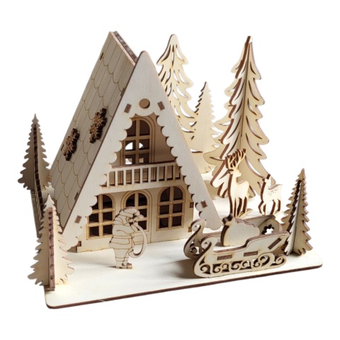 Drewniana dekoracyjna scena bożonarodzeniowa – Domek z Mikołajem i reniferami