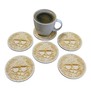 Drewniane podkładki pod kubek – zestaw 6 szt. | Motyw filiżanek z sercem