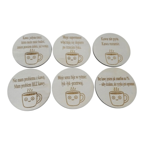 Zestaw drewnianych podstawek pod kubek – cytaty o kawie